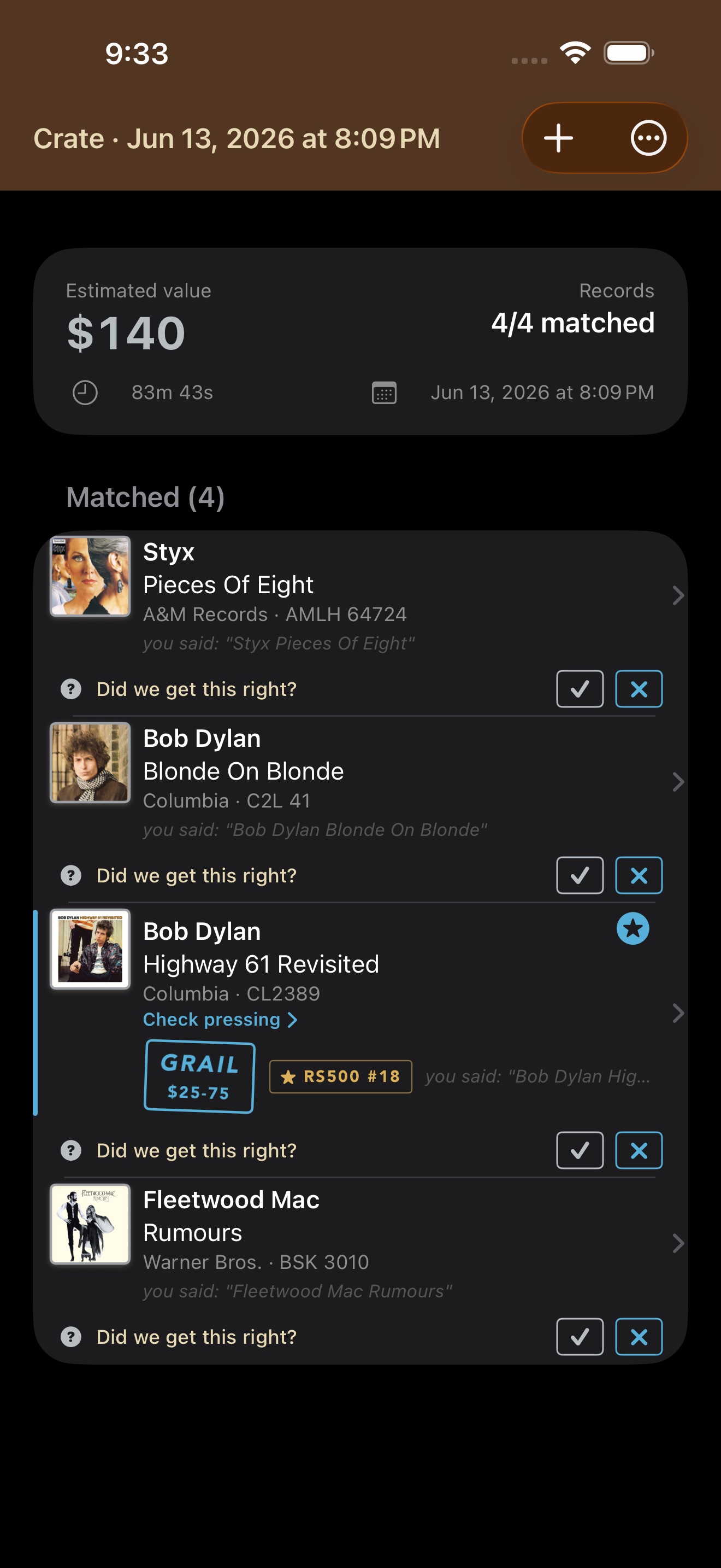 GrailVinyl Crate mode — records called out by voice, transcribed and matched with a running value tally