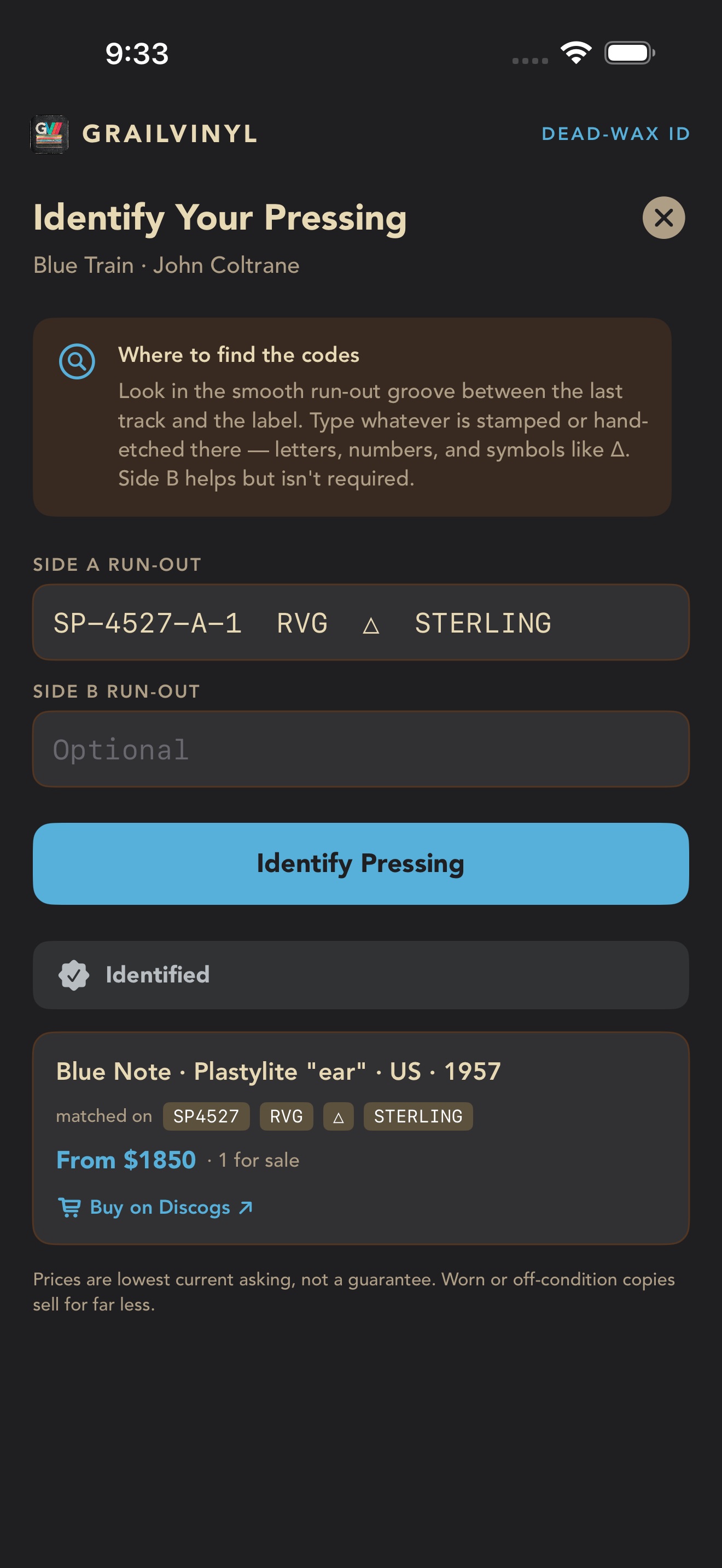 GrailVinyl reading a record's dead-wax run-out codes and naming the exact pressing