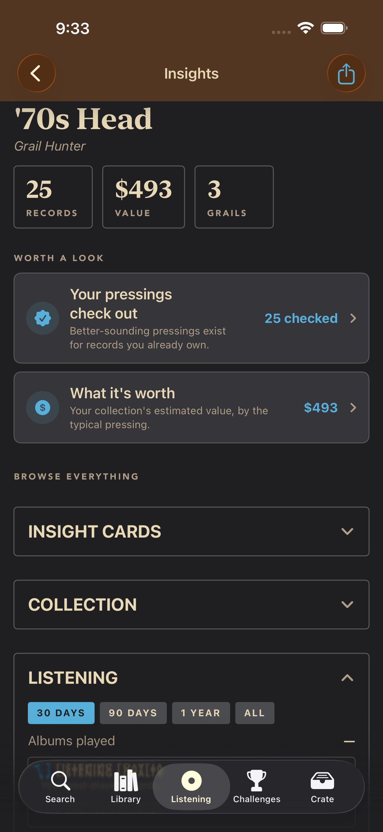 GrailVinyl Insights — your collector personality, collection value, grails, and what to chase next