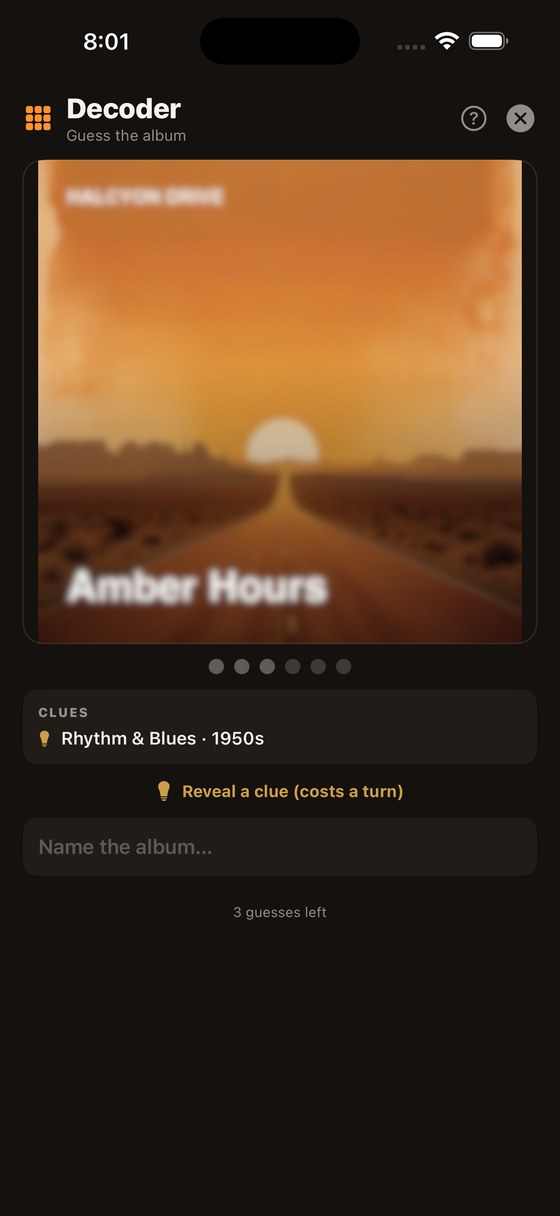 Decoder — guess today's hidden album cover from its clues