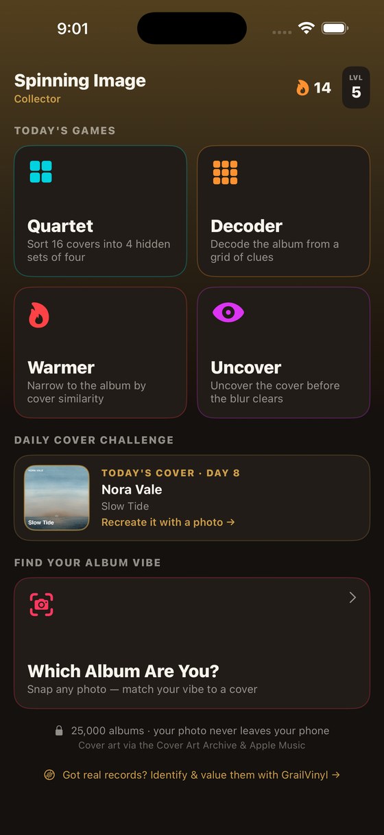 Spinning Image home — today's five music games and your streak
