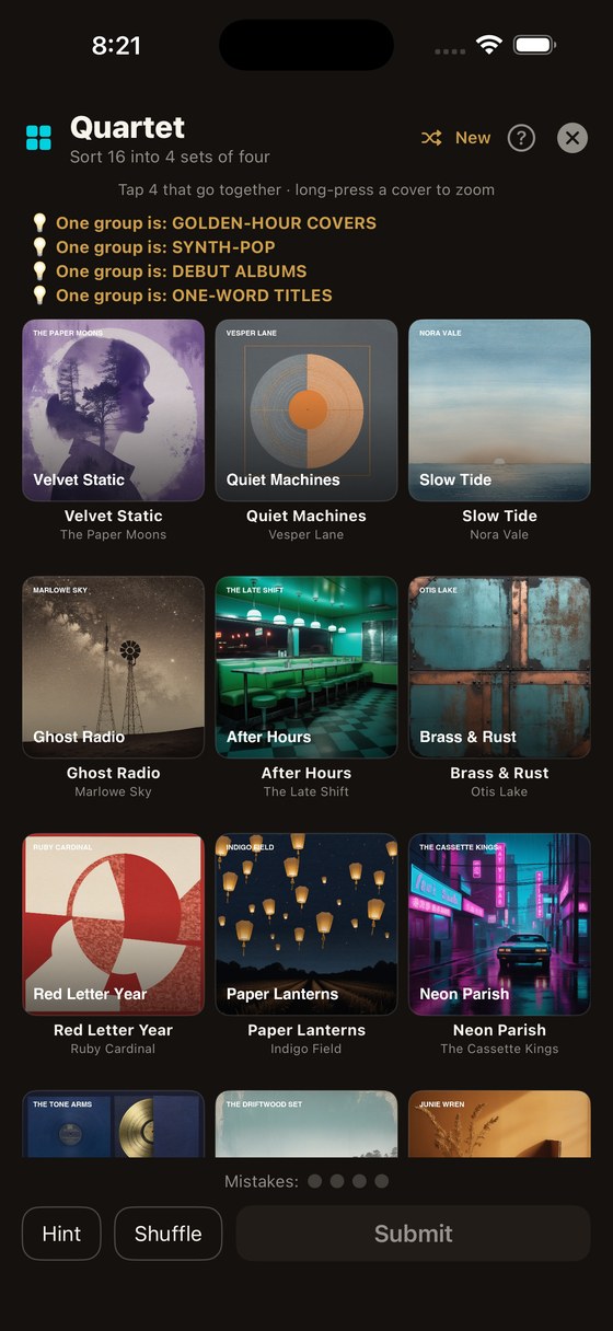 Quartet — sixteen album covers hiding four groups, a daily grouping game