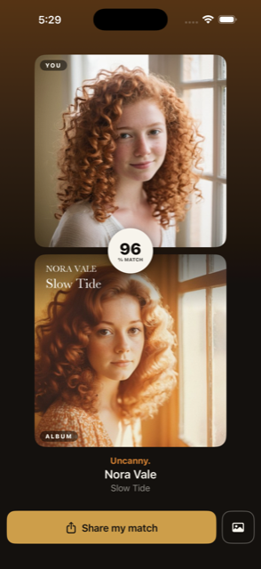 A Spinning Image match — 96%, you beside the album cover