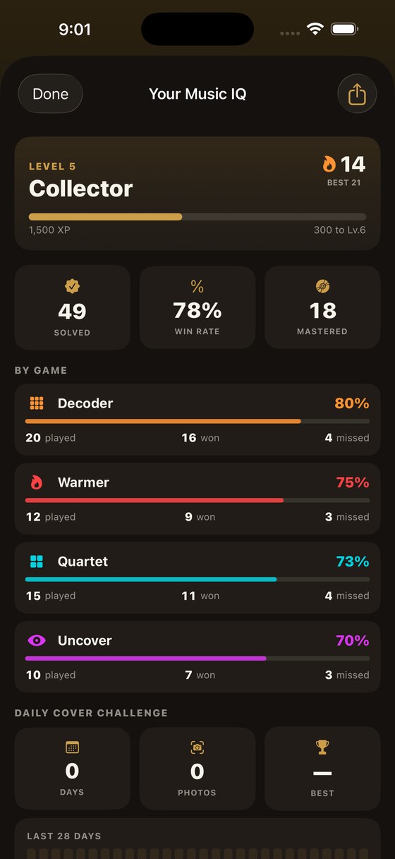 Music IQ — streak, level, win rate and mastered albums