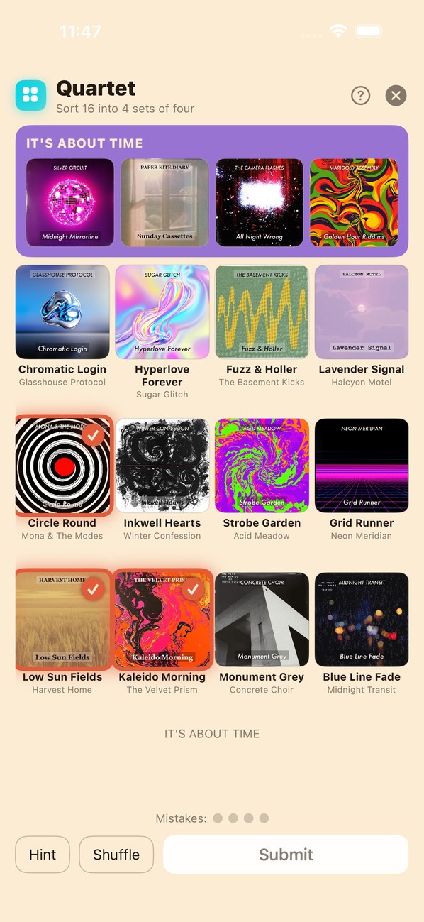 Spinning Image — Quartet: sort sixteen album covers into four hidden groups
